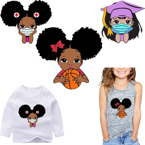 Transfer Patches Cute Little Black Afric Girls Football Iron Sticker On Kids Clothes Stripe Patches For Clothing Iron On Parches