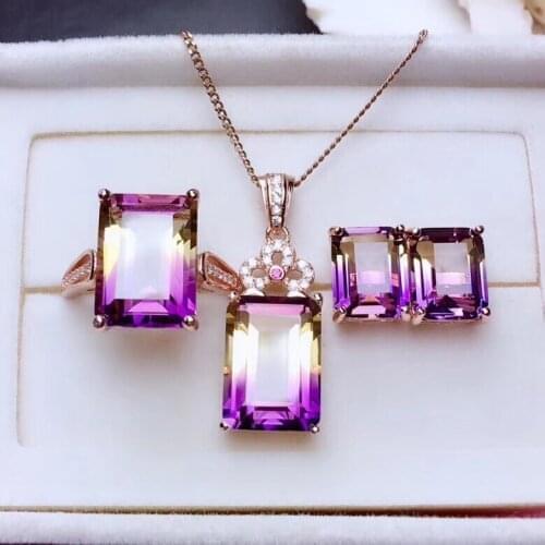 Sale going Fashion Natural Ametrine Ring Earrings and necklace jewelry set for women hot selling gift style