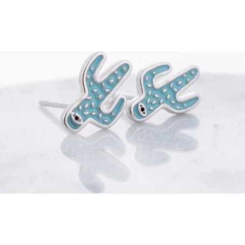 Cute Blue Cactus Flowers Stud Earrings Creative Simple Silver Color Alloy Plant Earrings for Women Earring Clothing Jewelry Gift