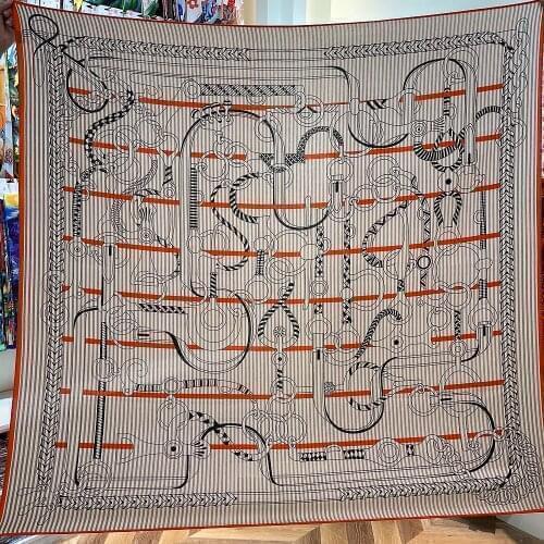 POBING Silk Cashmere Scarf Women Hand Rolled Shawls Chain Print Square Scarves Wraps Lady Bandana Big Hijabs Female Foulards