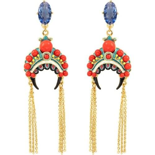 New Retro Peking Opera S925 Needle Long Temperament Tassel Earrings Ethnic Jewelry Chinese Style Enamel Female Accessories