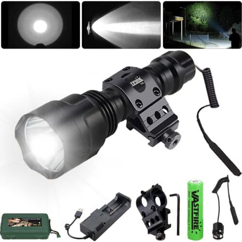 Tactical C8 Scout Light Outdoor Rifle Hunting Flashlight Military Weapon Light LED Arme Lanterna+18650+Charger+Swtich+Mount+Box