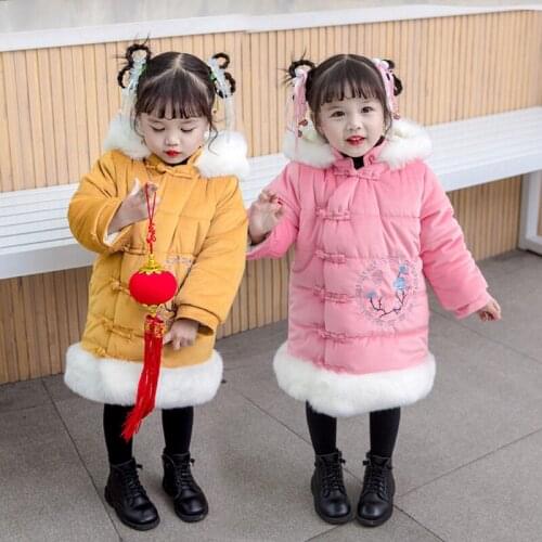 Traditional Chinese New Year girls New clothing Winter Thicken Warm Kids Coat Hooded Faux Fur Patchwork Children Outwear 12M-5T