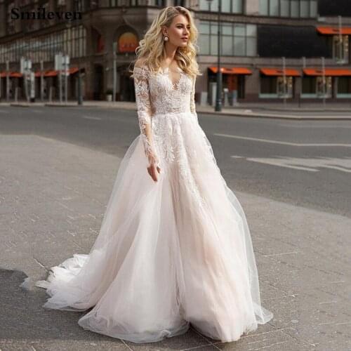 Smileven Vintage Lace Wedding Dresses Long Sleeve Country Bride Dress robe de mariee Open Back Princess Wedding Gowns