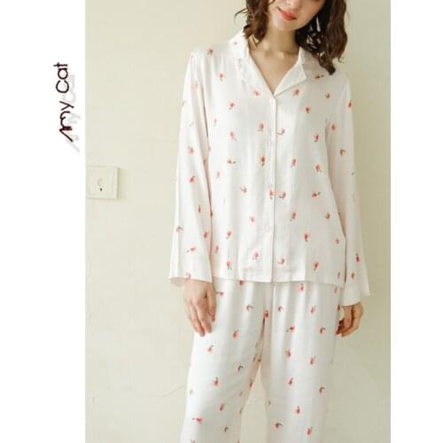 2020 Spring and Autumn Satin Pajamas Women Long Sleeve Cardigan Lapel Peach Print Loose Two-piece Viscose Comfortable Homewear