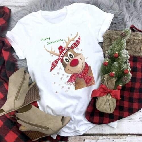 Merry Christmas Elk T-shirt for Women Graphic Short Sleeve Tee Top Ladies Summer Casual Oversize Round Neck Plus Size Tshirt Y2k