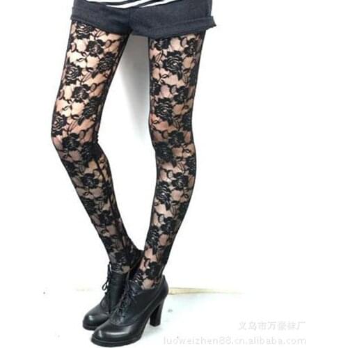 Women Black Rose Floral Lace Faux Leather Leggings Pants Sexy Girls Leggings Gifts Hot Sale