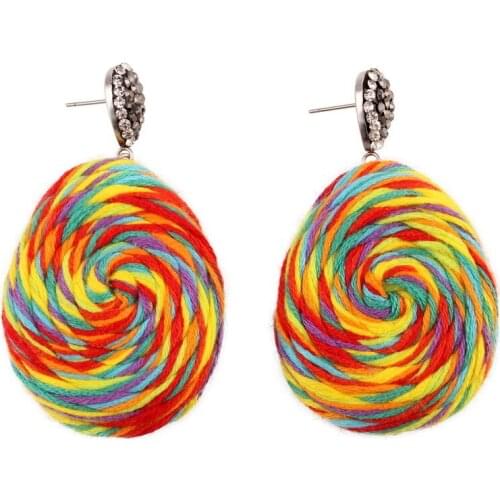 Colorful Cotton Rope Big Spiral Pendant Crystal Dangle Earrings for Women Florate Brand Black Stone Wood Drop Statement Earrings