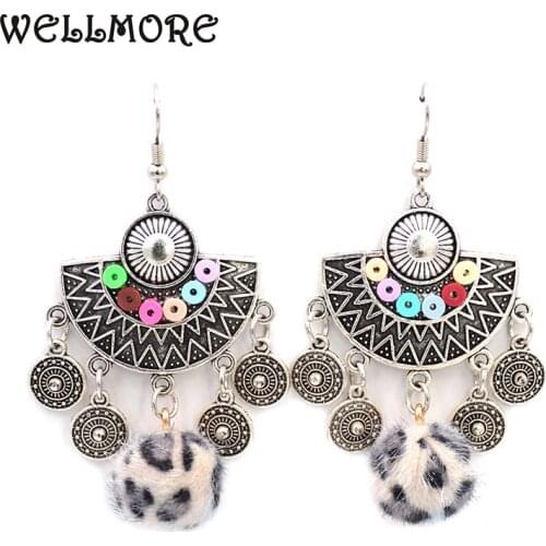 WELLMORE antique retro earrings fur ball Statement drop earrings for women E170923-1
