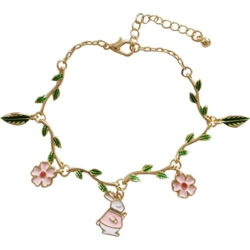 Japanese Style Drop-Oil Green Leaf Pink Sakura Flower Bracelet Alice In Wonderland Rabbit Cute Bracelets for Women Girls