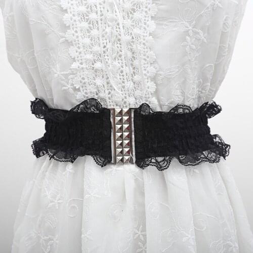Retro Totem Wide Lace Waistband Women Black White Elastic Stretch Dress Waist Belt Buckle Band Ladies Dress Decoration