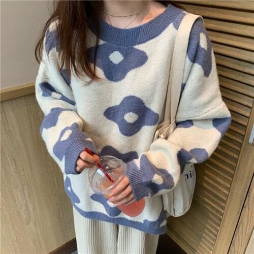 2021 Autumn Winter Knitted Sweater Flower Pullover Women Korean Vintage Loose Jumper Female O Neck Long Sleeve Oversized Sweater