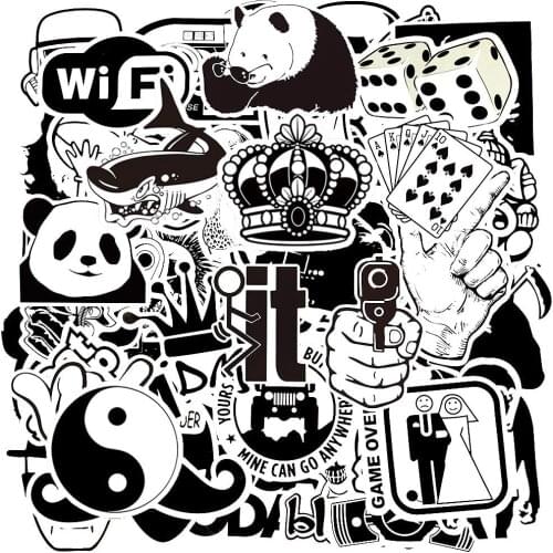 50PCS Mixed Black and White Cartoon Cool Stickers Phone Snowboard Laptop Luggage Fridge Guitar Graffiti Classic Toys Stickers