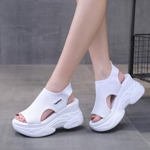 Rimocy Super High Heels Chunky Platform Sandals for Women Summer New Knitted Mesh Sport Shoes Woman Wedge Sandalias Mujer White