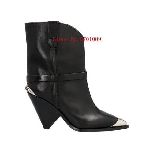 Black Leather Metallic Back And Toe Cone Heels Lamsy Boots Fashion Shoes