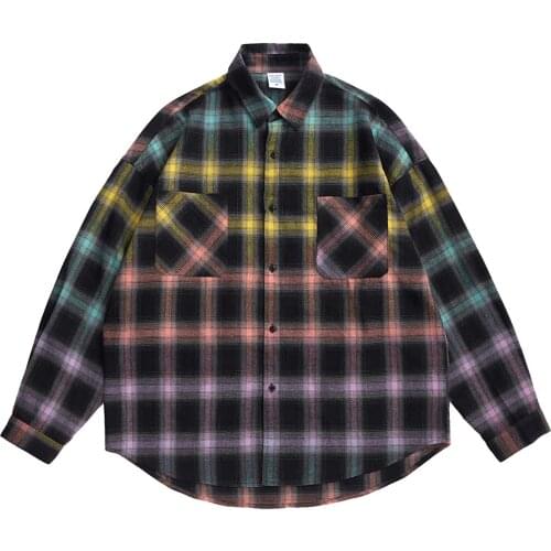 DEVIL KING Plaid Long Sleeve Shirt Fashion Trend Contrast Color Flannel Casual Button Shirt Mens Large Size