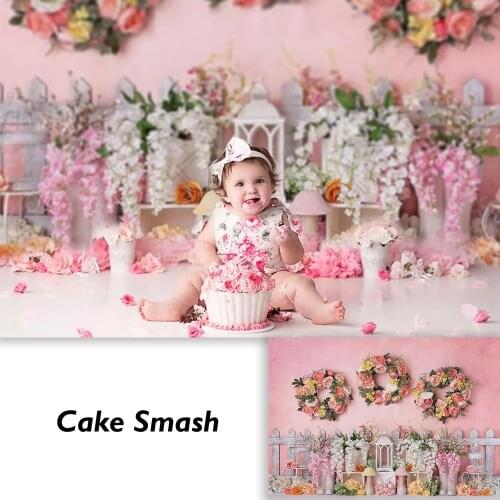 Pink Flowers Portrait Girls Newborn Kids Cake Smash Photography Backdrop 1st Birthday Mushroom Children Photoshoot Props