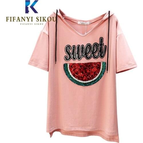 Summer Women Plus Size T-shirt Sequined Short sleeve Hooded T shirt Female Fashion Loose Tees Tops High quality Cotton Tshirt