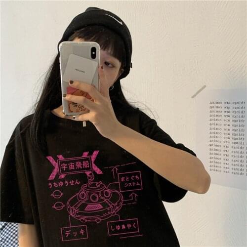 Japan Aesthetic Gothic Punk spaceship cartoon Cute Casual Tops vintage Harajuku Summer Loose kawaii Streetwear Women T-Shirt