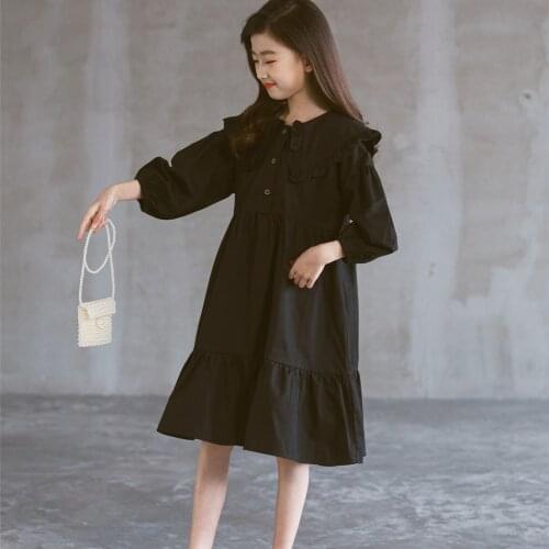 Layered Girls Dress Cotton 2021 New Children Autumn Dress Balck Button Teen Kids Clothes Latern Sleeve,#6039