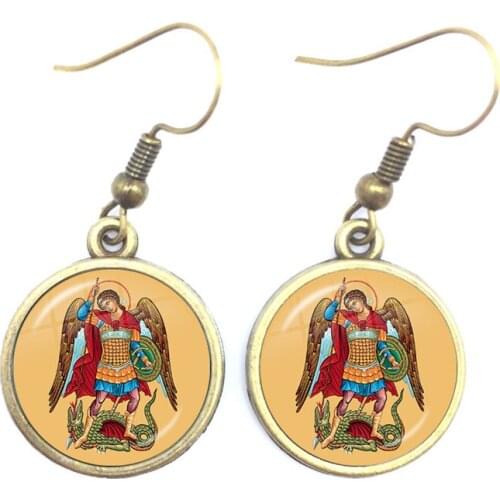 Classic Glass Cabochon Earrings Archangel St.Michael Protect Me Saint Shield Protection Charm Russian Orhodox Jewelry For Holy