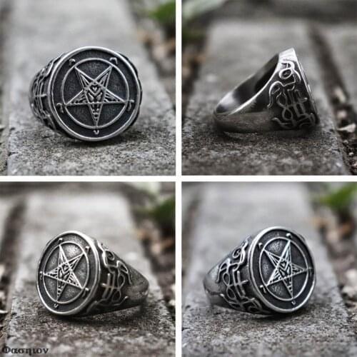 Stainless Steel Gothic Punk Minimalist Signet Ring Men Jewelry Gift Retro Personality Pentagram Satanism Five-Pointed Star Rings