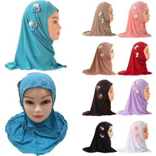 Muslim Girls Instant Scarf Hijab Islamic Kids Plain Flower Turban Headscarf Shawls Elastic Kid Burqa for 2-7 Years Old Children