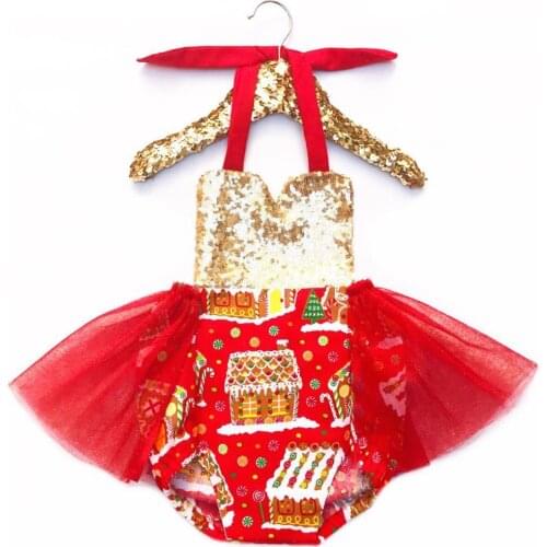 Christmas Infant Baby House Print Short Romper, Girls Sleeveless V-neck Halter Jumpsuit with Sequins for Summer