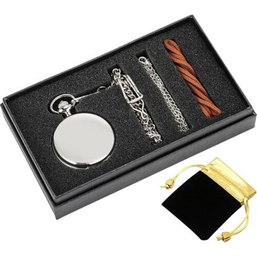 5pcs/Set Silver Smooth Quartz Pocket Watch Silver Necklace Gifts Set Fob Chain Pendant Steampunk High-Graded Gifts for Men Women