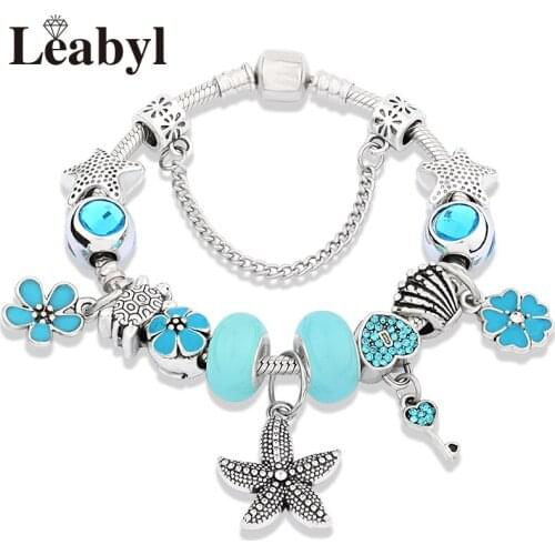 Ocean Series Blue Crystal Charm Bracelet Blue Enamel Flower Heart Lock DIY Bead Bracelet Silver Color Turtle Starfish Jewelry