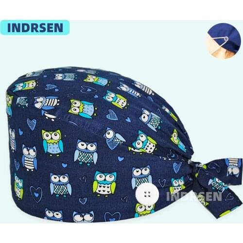 Scrub Cap Cartoon Owls Printed with Buttons Daily cleaning Dustproof Pet Working Surgical Caps Pirates Chef Lab Hat