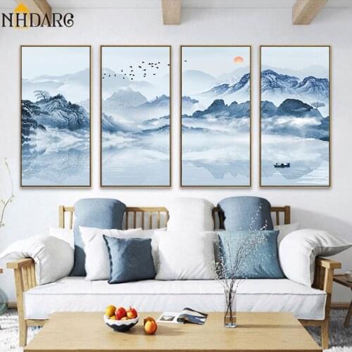 Modern New Chinese Landscape scenery Style, Posters and Prints Canvas Painting Pictures for Living Room Wall Art Home Decor