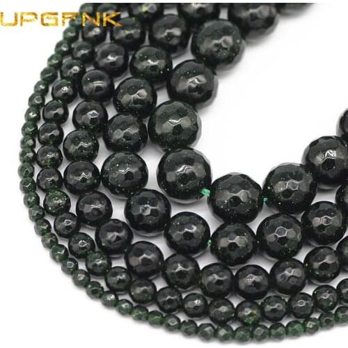 UPGFNK Faceted Natural Green Sand stone Beads 4/6/8/10/12MM Round Spacer Loose Beads For Jewelry Making DIY Bracelet Accessories