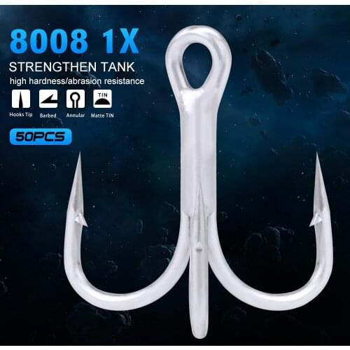 High-Carbon Steel Saltwater Fishing Hook 50pcs/lot 1X High Strength Hooks 2/0#-1/0#-1#-2#-4#-6#-8# Matte Tin Treble Hooks