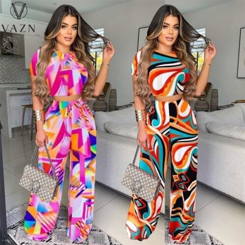 VAZN 2021 Top Quality Sexy Short Sleeve Colorful Print Shinny High Waist Long Pant Skinny Women 2 Piece Set
