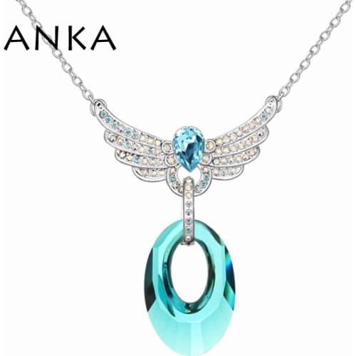ANKA Feather Collares Collar Real Trendy Women Pendant Necklaces Crystal Link Chain Jewelry Rhodium Plated Wing Necklace #103684