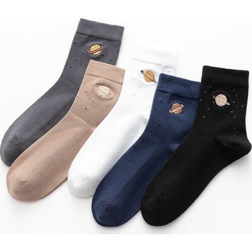 1Pair Men Socks Casual Style Planet Embroidery Cotton Breathable Mid Tube Socks Pure Color Non-Slip Cotton Female Socks