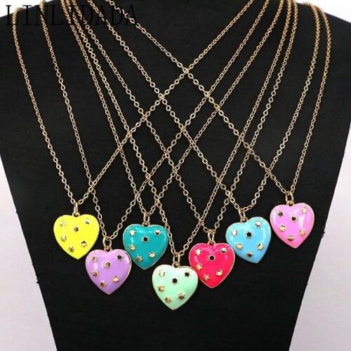 10Pcs Multicolor Enamel Heart Shape Pendant Necklace White Pink Green Blue Colors Choice Women Jewelry Party Gift