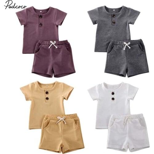 2020 Baby Summer Clothing Newborn Toddler Kids Baby Boy Outfit Clothes Button T-shirt Tops Pants Legging Solid Clothes