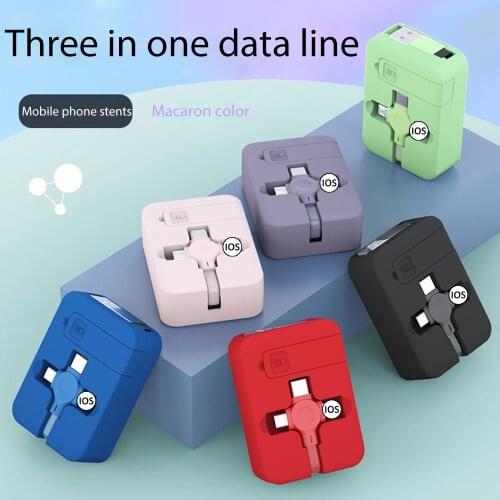 4in1 Retractable USB Type C Micro USB Powerbank Charge Cable for IPhone 12 Plus Huawei with Phone Stand 3in1 Charger Data Cable