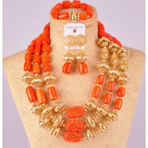 African wedding coral necklace orange and gold nigerian beads jewelry set 21-3