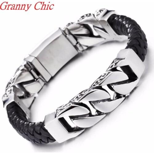 Granny Chic New Fashion Genuine Leather Men Bracelet Titanium Stainless Steel Cuff Cuban Bracelets Black Braid Punk Silver Color