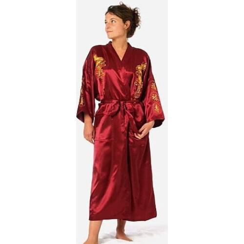 Burgundy Chinese Womens Traditional Silk Satin Robe Embroidery Dragon Kimono Yukata Bath Gown Oversize S M L XL XXL XXXL A135
