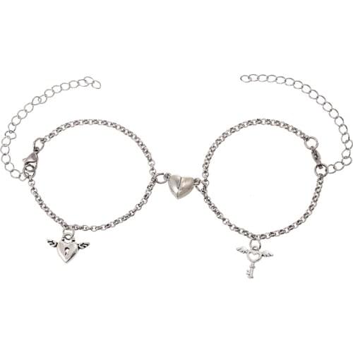 Stainless Steel Key and Lock Couple Matching Bracelet Love Magnetic Friend Relationship Adjustable Chain Handmade Jewelry, 2PCS