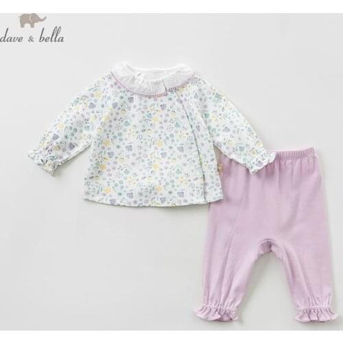 DBH10048 dave bella spring baby girls fashion purple floral clothing sets kids long sleeve sets children 2 pcs suit