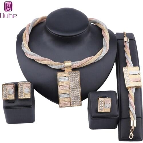 Dubai Gold Colorful Jewelry sets For Women Bridal Wedding Costume Gifts Party Crystal Necklace Bracelet Earrings Ring Set
