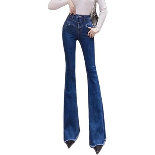 Stretch high-waisted jeans womens thin frayed flared pants 2021 summer Korean fashion womens clothing