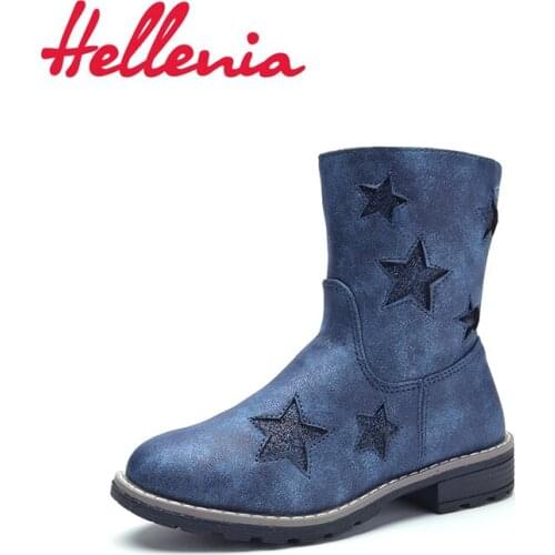 Hellenia Spring little Girls eco-Leather Shoe mesh lining Children Fashion Mid Calf Boot boys Brand Navy bling stars size 24-29
