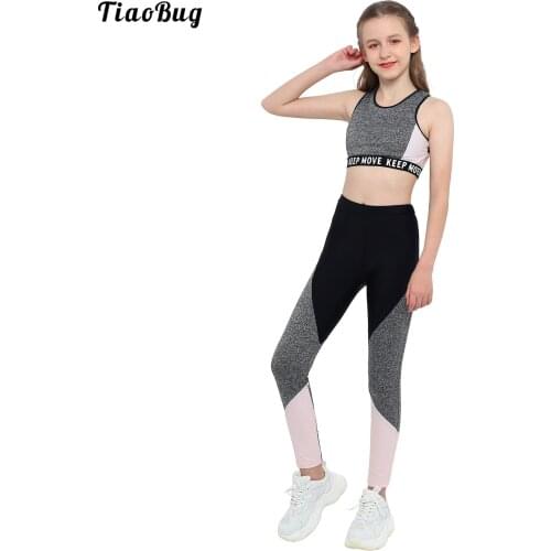 TiaoBug Summer Kids Girls Workout Running Sports Suit Round Neckline Midriff-Baring Tops+Tight Pants Yoga Fitness Tracksuit