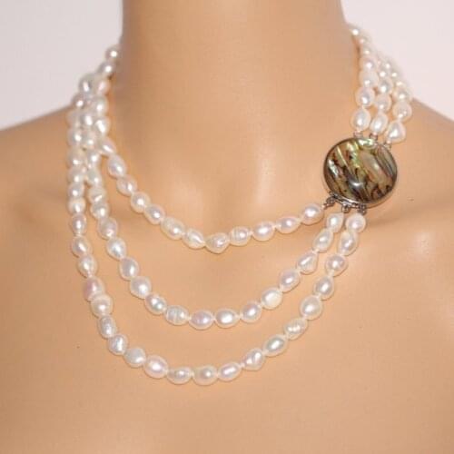 Unique Pearls jewellery Store,3rows White Color Freshwater Pearl Necklace,Baroque Pearl Jewelry